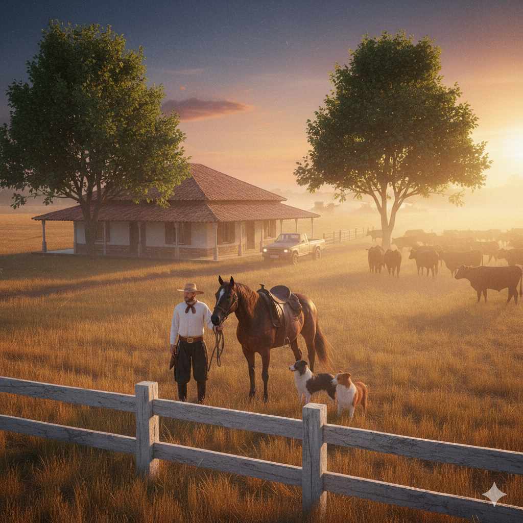 Paisagem rural - fazenda ao pôr do sol